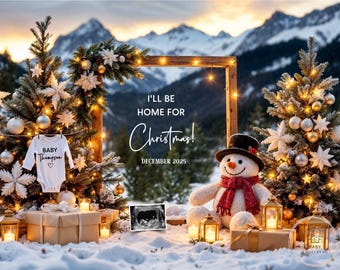 Christmas Pregnancy Announcement Digital, I’ll Be Home For Christmas Baby Reveal, December Holiday Editable Template, Snowman Winter Gifts