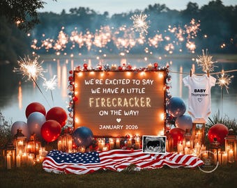 May include: A pregnancy announcement scene with a wooden sign that reads "WE'RE EXCITED TO SAY WE HAVE A LITTLE FIRECRACKER ON THE WAY! JANUARY 2026." The scene includes an American flag, balloons, candles, a baby onesie, and a sonogram image. Sparklers and a lake are in the background.
