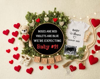Second Baby Valentines Day Pregnancy Announcement Digital, Cute Number 2 Reveal, Editable Template Social Media, February, Expecting Sibling