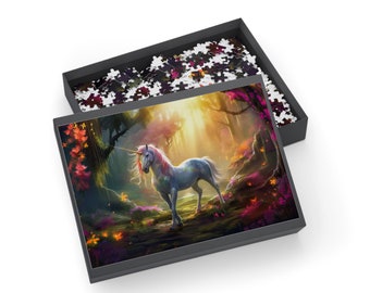 May include: A white unicorn with a pink mane and tail stands in a magical forest setting. The unicorn is surrounded by colorful flowers and glowing lights. The forest is filled with trees and foliage, and the sun shines through the leaves.