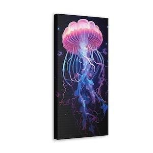Bioluminescent Jellyfish Canvas Art, Ocean Life Wall Decor, Portrait 10x20 Inches
