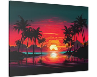 May include: A vibrant canvas print depicting a tropical sunset scene. The artwork features silhouetted palm trees, a fiery red and orange sky, and the sun reflecting on the water. The overall aesthetic is a stylized, colorful illustration.