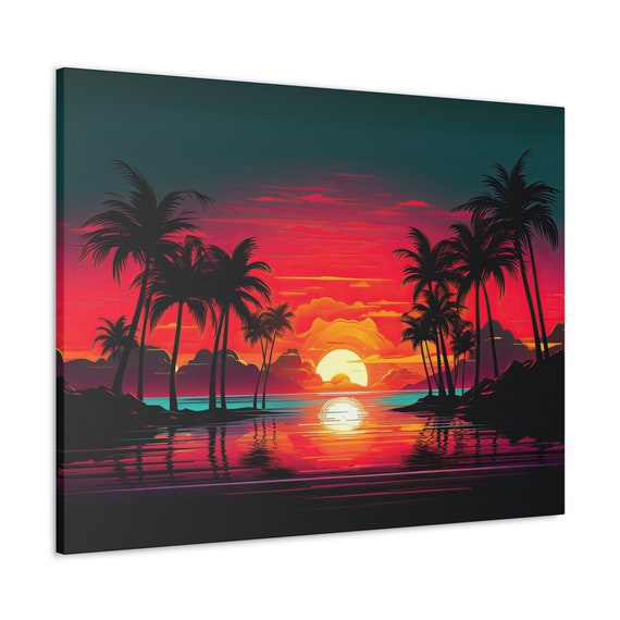 80's Retro Neon Sunset Beach Scene, Landscape Canvas Print