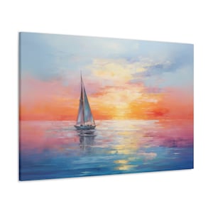 Abstract Dawn Sailboat Canvas Print, Vibrant Nautical Artwork, Tranquil Seascape Wall Art