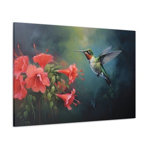 Nature's Harmony - Hummingbird Feeding on Flower Canvas Print, Available in Multiple Sizes