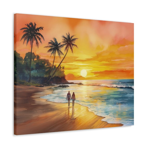 Sunset Beach Walk, Romantic Watercolor Canvas Art, Couple's