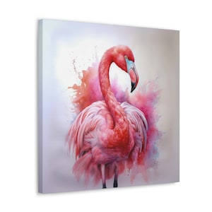 Pink Flamingo Watercolor Painting, Square Canvas Print, Vibrant Bird Wall Art, Multiple Sizes Available