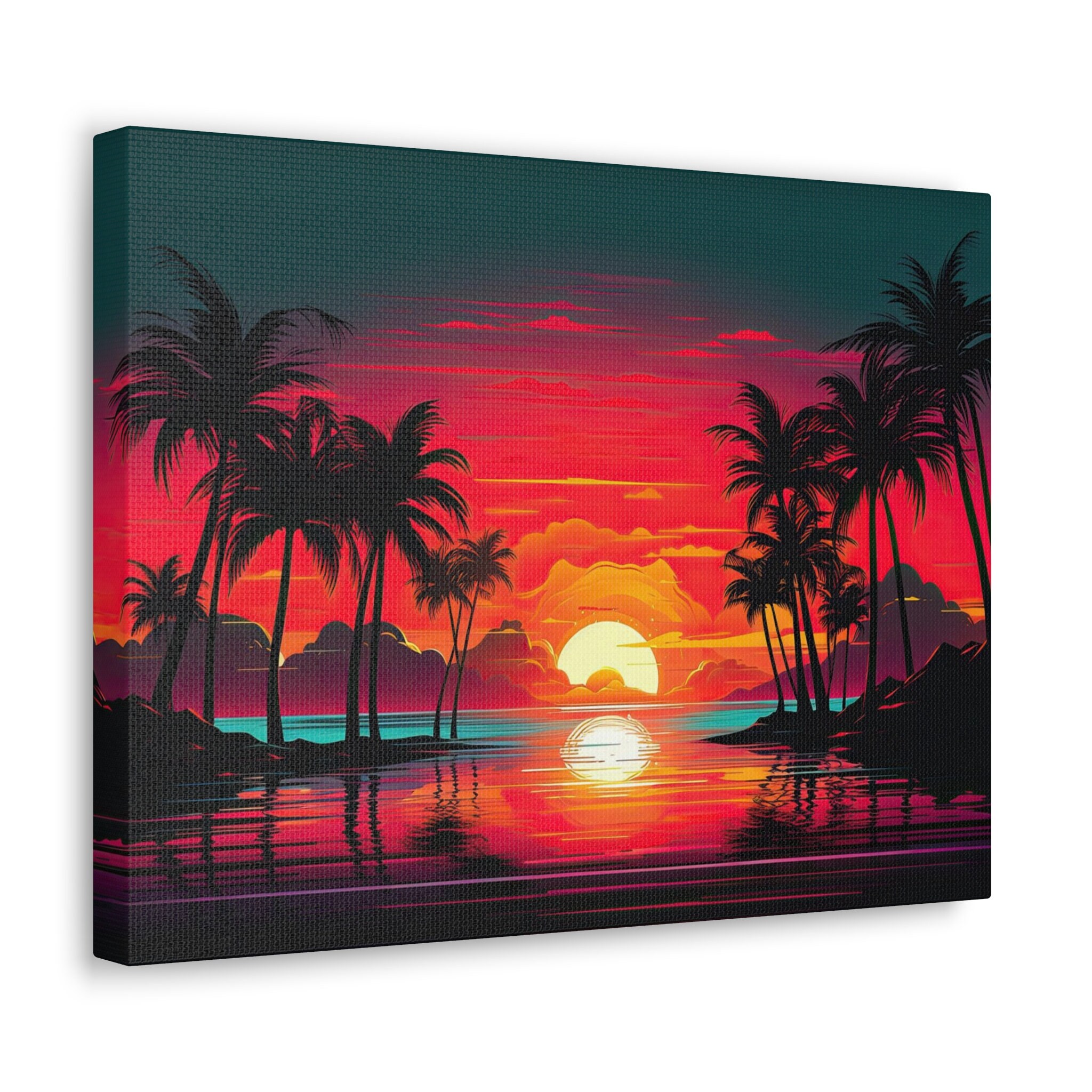 80's Retro Neon Sunset Beach Scene, Landscape Canvas Print