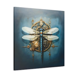 May include: A blue and gold dragonfly with intricate gears and clockwork details on its wings, set against a dark blue background.