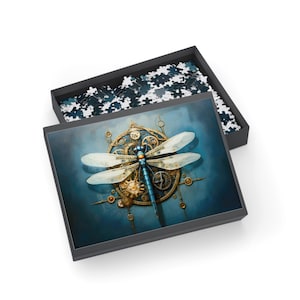 May include: A blue and gold dragonfly with intricate clockwork details on its wings, set against a blue background. The dragonfly is surrounded by gears and cogs, creating a steampunk aesthetic.