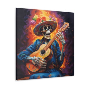 May include: A colorful painting of a skeleton playing a guitar. The skeleton is wearing a blue shirt with floral designs and a large sombrero with flowers. The background is a fiery orange and purple.