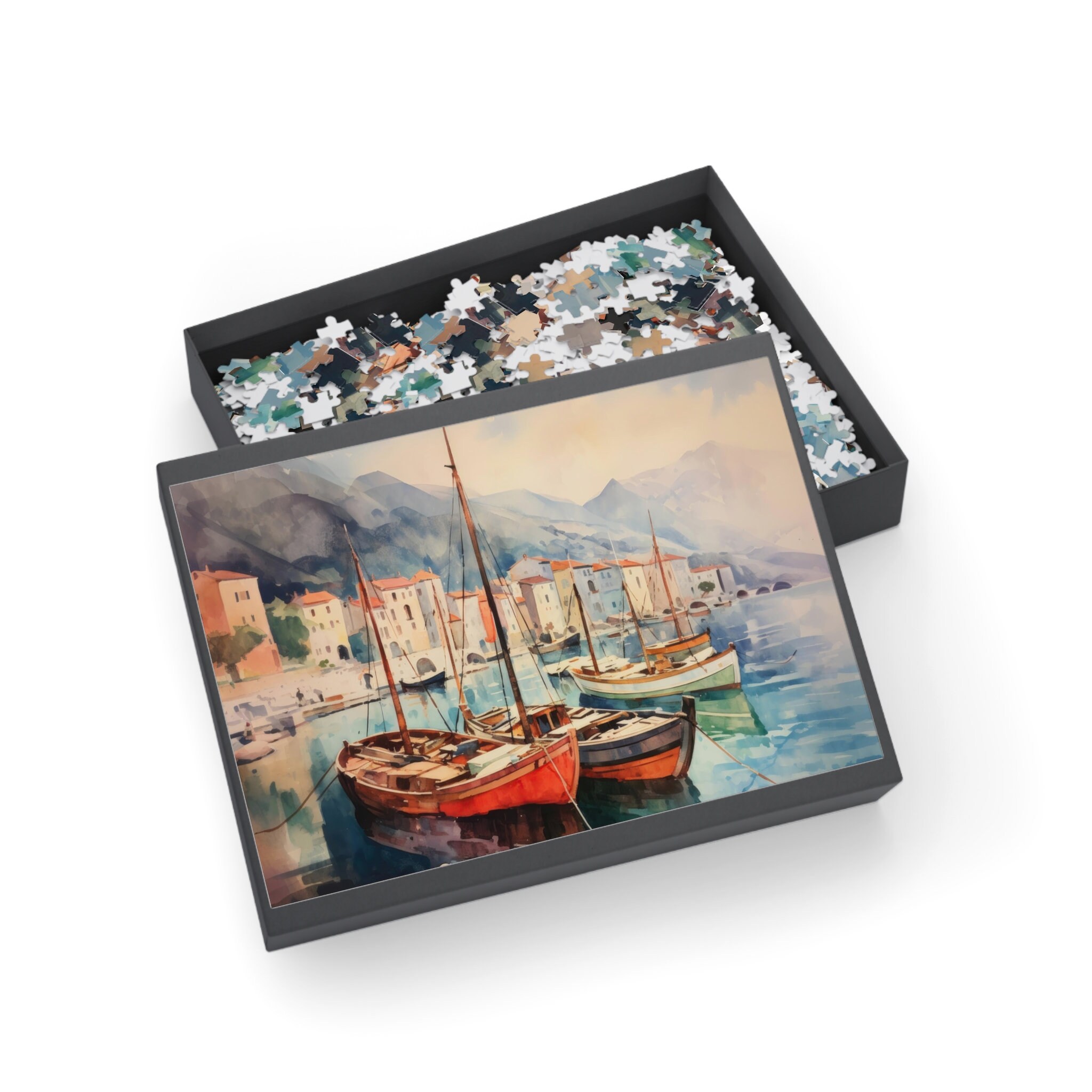 Vintage Italian Harbor Scene: Watercolor Boats Jigsaw Puzzle