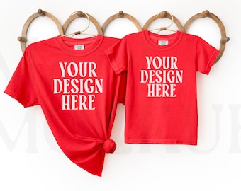Mommy and Me Comfort Colors Red T-Shirt Mockups | Front & Back | POD | On Trend Mother Daughter Mockups
