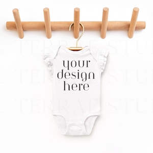 White Rabbit Skins 4439 - Infant Flutter Sleeve Baby Rib Bodysuit | Baby Onesie Mockup | Minimal Mockup | Kids Boho Mockup