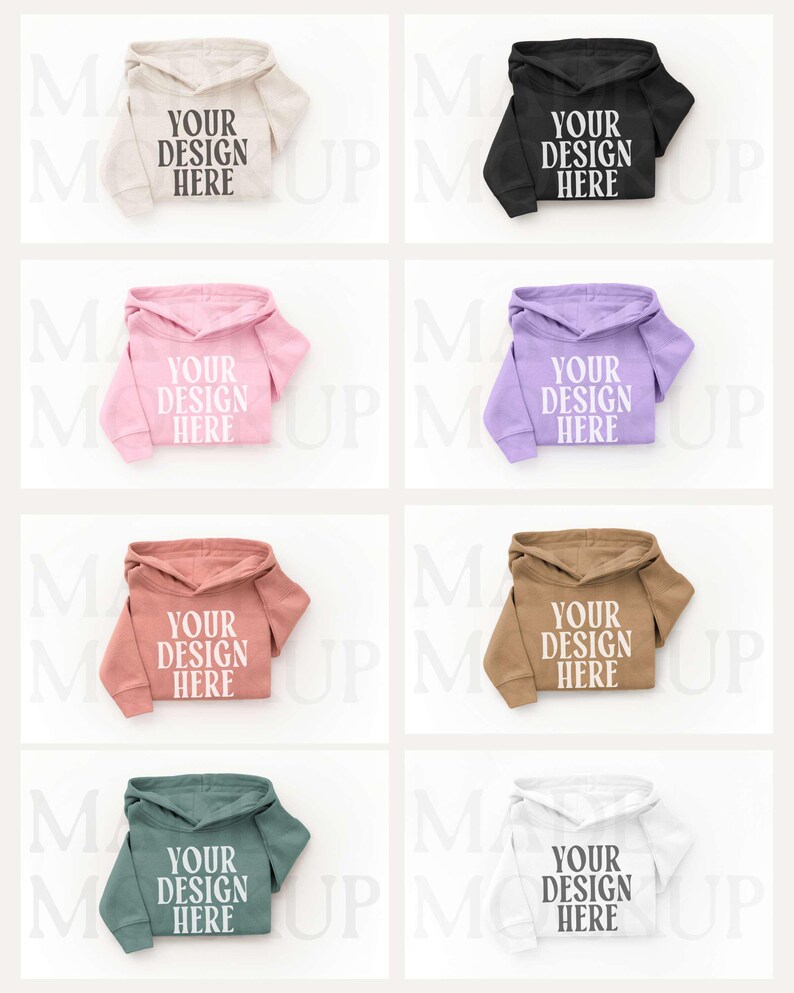 May include: Eight different coloured hoodies are displayed, including beige, black, pink, purple, coral, brown, green, and white. Each hoodie has the text "YOUR DESIGN HERE" printed on the front.