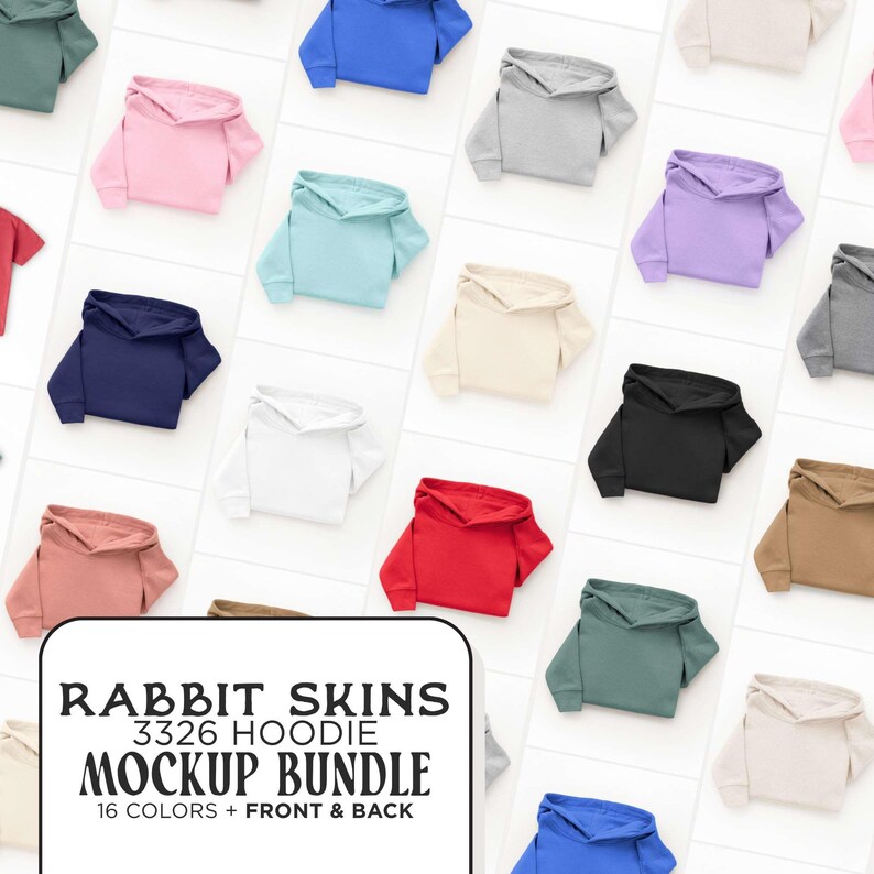 May include: A collection of sixteen different coloured hoodies, including pink, blue, white, black, and red. The hoodies are arranged in a grid pattern. The text "RABBIT SKINS 3326 HOODIE MOCKUP BUNDLE 16 COLORS + FRONT & BACK" is displayed in a white box.