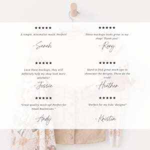May include: A white background with text and star ratings. The text includes customer reviews and names. The reviews mention the quality and aesthetic of the mockups. A wooden hanger is at the top.