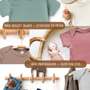 May include: A selection of children's clothing, featuring a green t-shirt, a brown onesie, and a pink onesie. A navy blue hoodie and a grey jacket are also shown. The image includes the text "HIGH QUALITY IMAGES + ATTENTION TO DETAIL" and "REAL PHOTOGRAPHY + SIZED FOR ETSY".