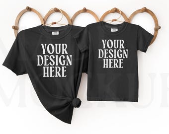 Mommy and Me Comfort Colors Black T-Shirt Mockups | Front & Back | POD | On Trend Mother Daughter Mockups