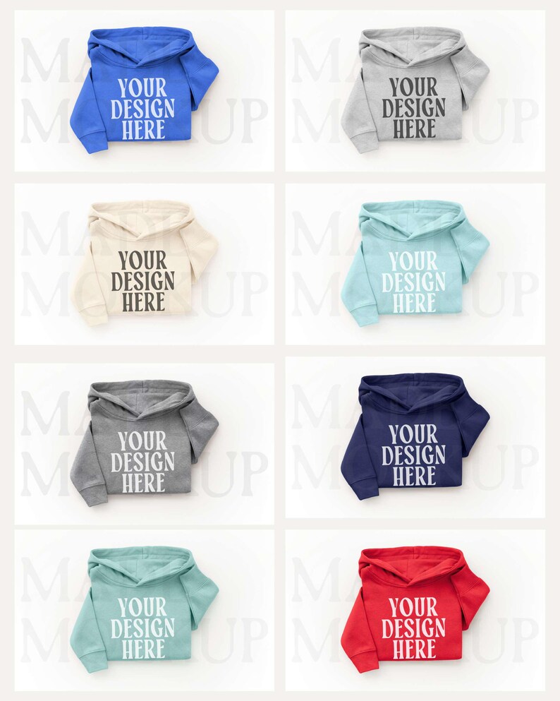 May include: Eight hooded sweatshirts in different colours, such as blue, grey, beige, and red. Each sweatshirt features the text "YOUR DESIGN HERE" on the front. The sweatshirts are presented against a white backdrop.