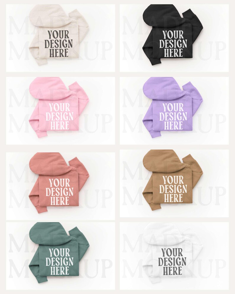 May include: Eight hoodies in different colours: beige, black, pink, purple, coral, brown, green, and white. Each hoodie displays the text "YOUR DESIGN HERE" in a white, bold font.