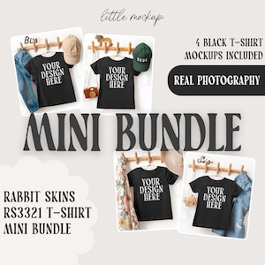 May include: A mockup image featuring four black t-shirts with the text "YOUR DESIGN HERE". The image includes hats, jeans, and accessories. Text on the image reads "4 BLACK T-SHIRT MOCKUPS INCLUDED" and "MINI BUNDLE".