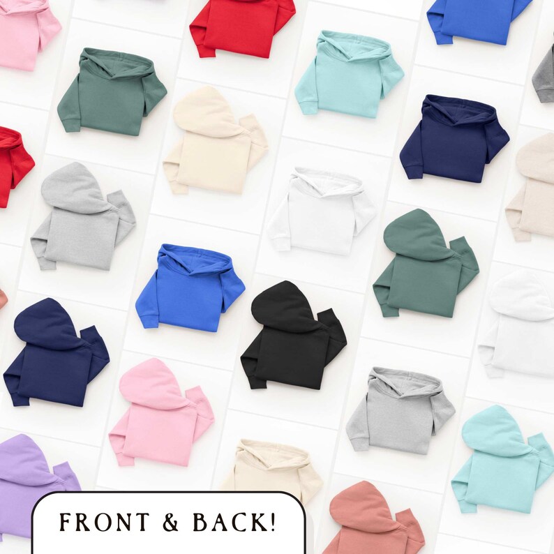 May include: A selection of hoodies in a variety of colours, such as red, blue, green, and pink, displayed in a grid. The image features the text "FRONT & BACK!" at the bottom, suggesting the hoodies are shown from both the front and back.