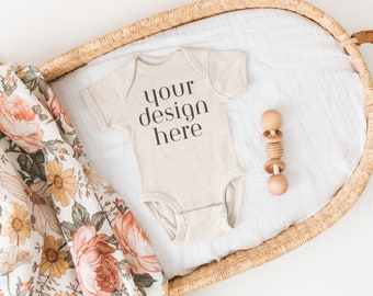 Natural Heather Rabbit Skins Onesie 4400 Mockup| Rabbit Skins Baby Mockup |  Bodysuit | Bodysuit Mockup | Baby Mockup | Boho Mockup