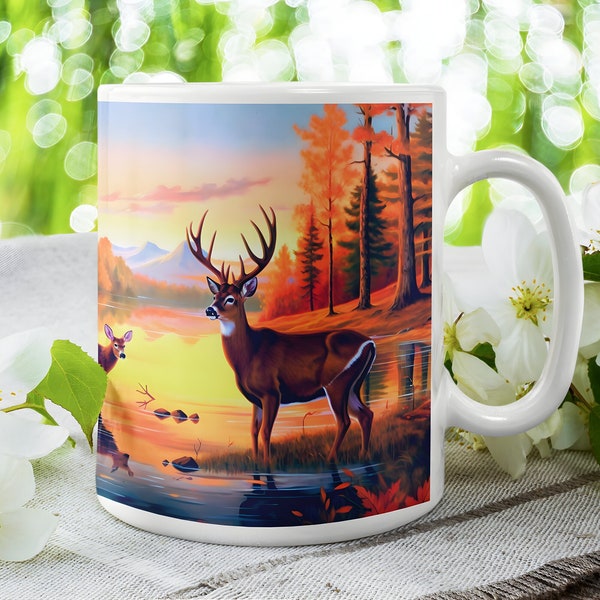 AUTUMN MAJESTY, Stag and deer in the woods, 11oz and 15oz Mug, Gift for Dad, Brother, Uncle, Grandpa. Gift for nature animal lovers.