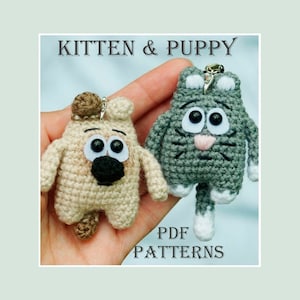 Pattern dog and cat crocheted, Set crochet patterns Puppy and Kitten, keychain dog crochet, keychain cat, pdf pattern, amigurumi pattern