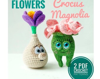 2 spring flower crochet patterns: Crocus and Magnolia, pdf crochet template in English and Russian