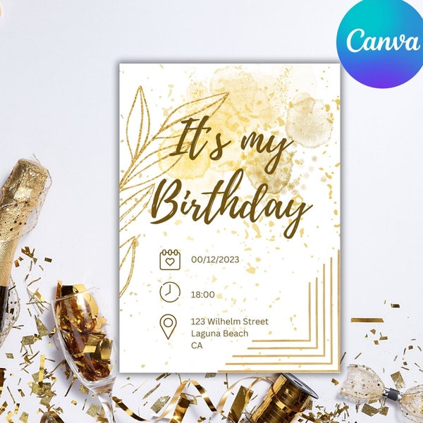 Editable Birthday Invitation Gold Instant Download Printable Template Canva digitale Geburtstagseinladung