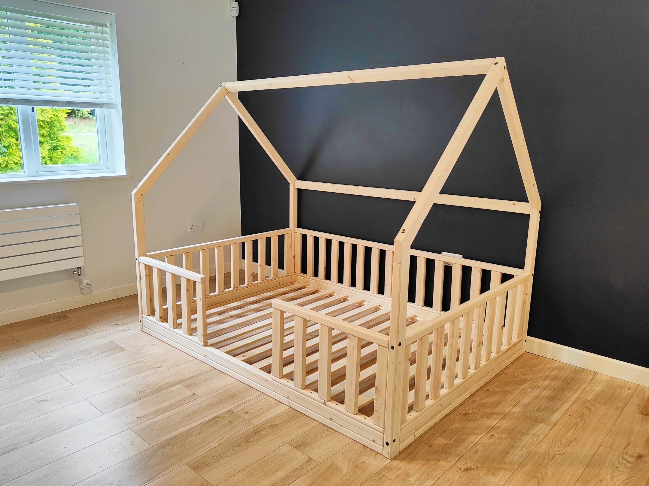 Montessori Toddler House Bed With Rails, Kids Floor Bed House Shaped
