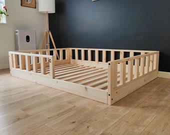 Wooden toddler floor bed with rails and slats, Handmade kids floor bed, Montessori floor bed with rails, customisable