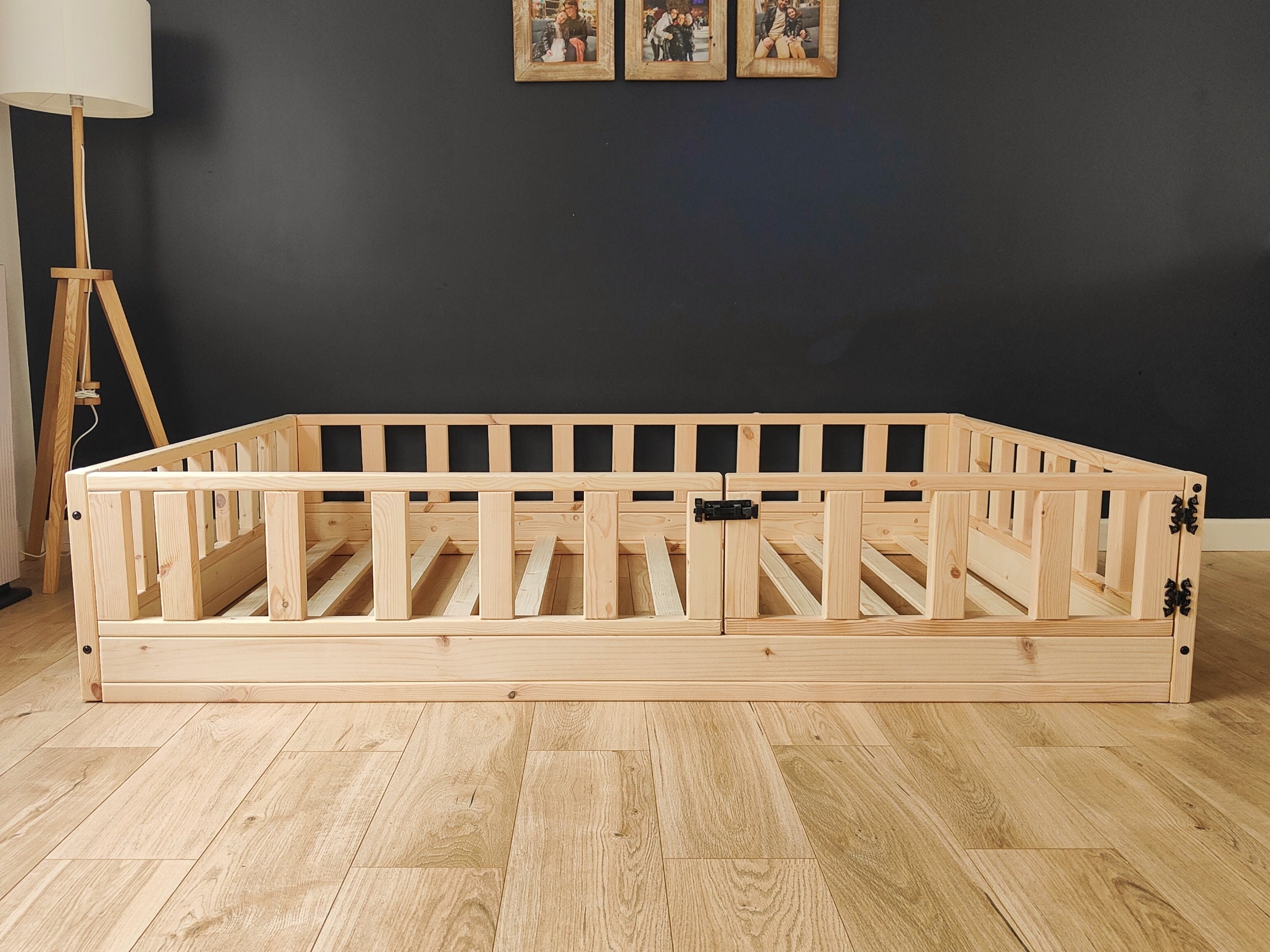 Wooden Toddler Floor Bed With Rails and Slats, Handmade Kids Floor Bed