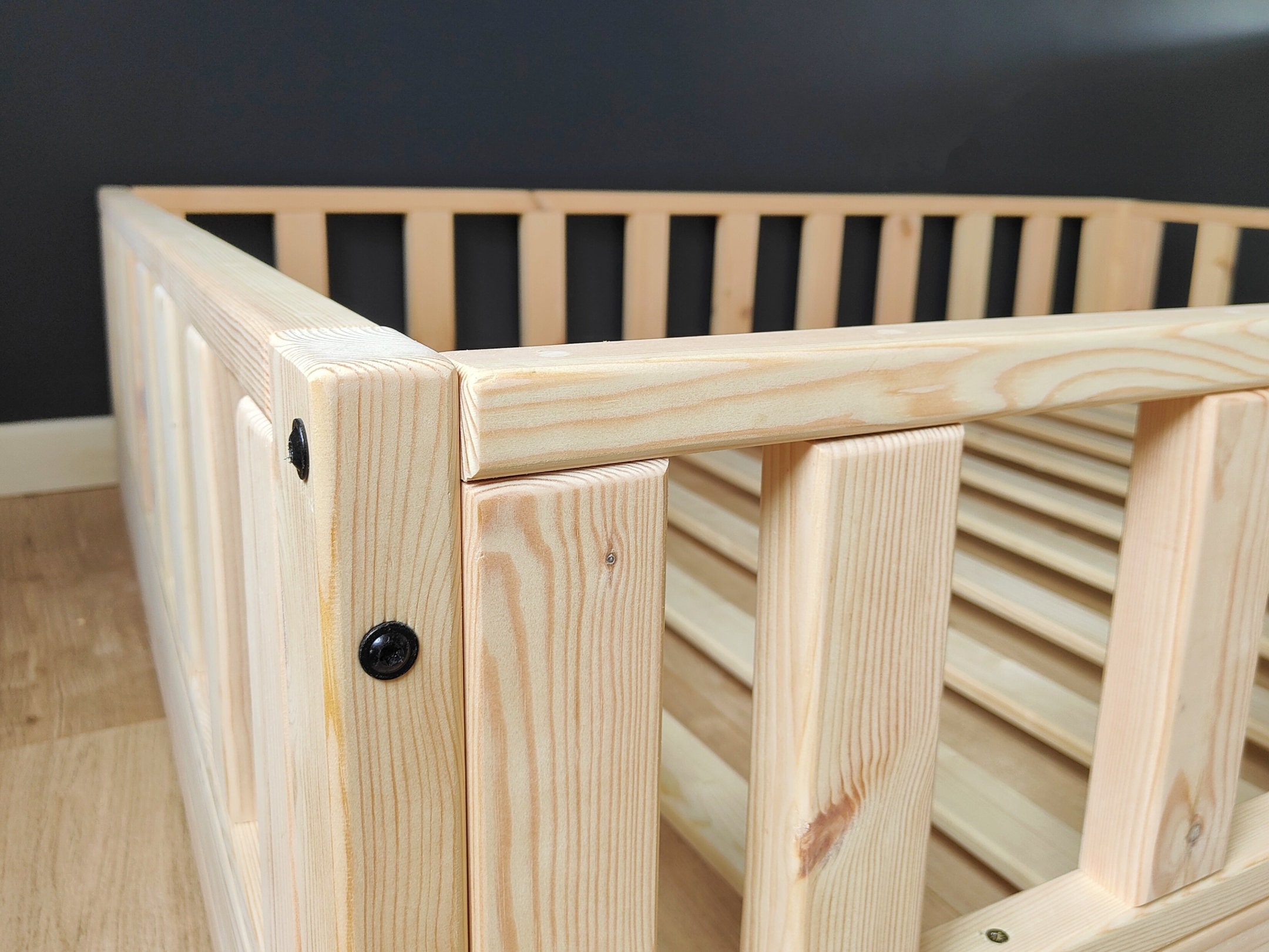 Wooden Toddler Floor Bed With Rails and Slats, Handmade Kids Floor Bed