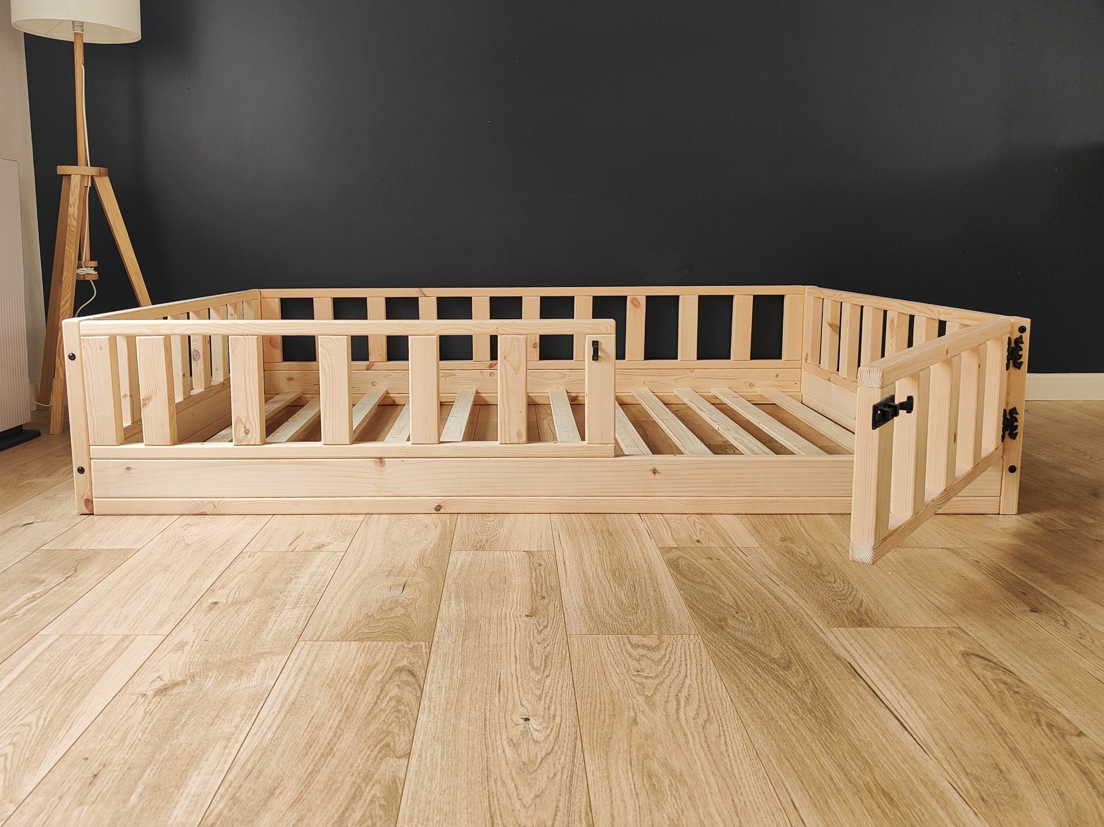 Wooden Toddler Floor Bed With Rails and Slats, Handmade Kids Floor Bed