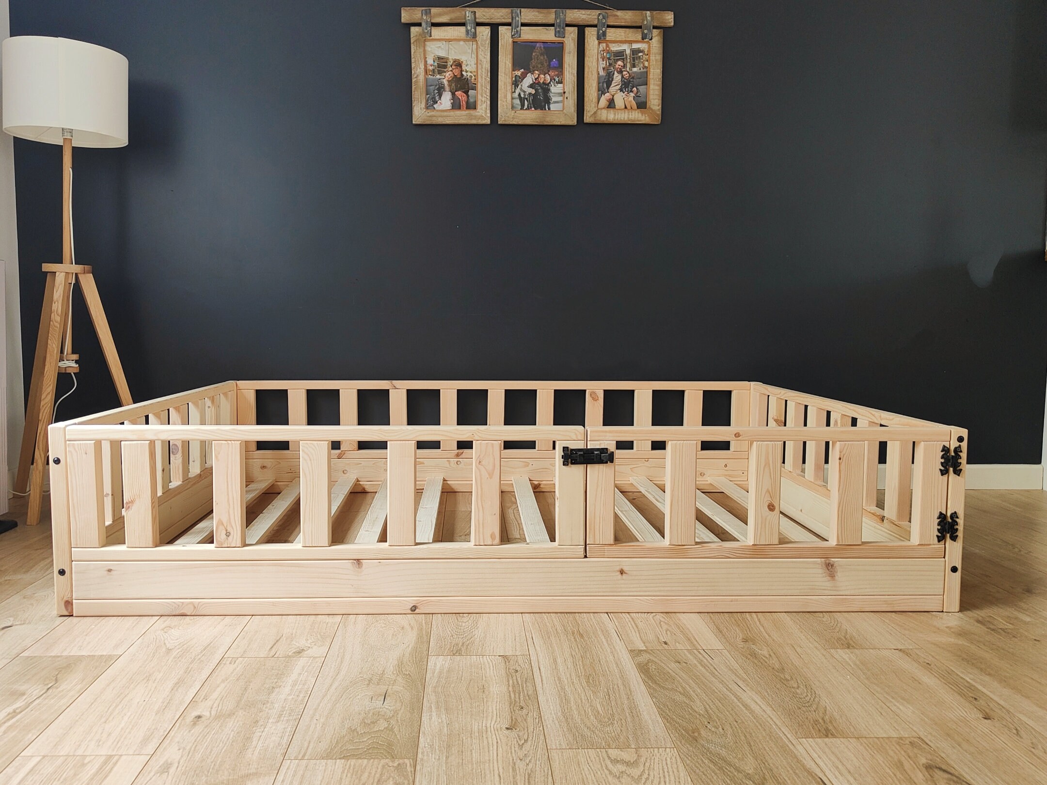 Wooden Toddler Floor Bed With Rails and Slats, Handmade Kids Floor Bed