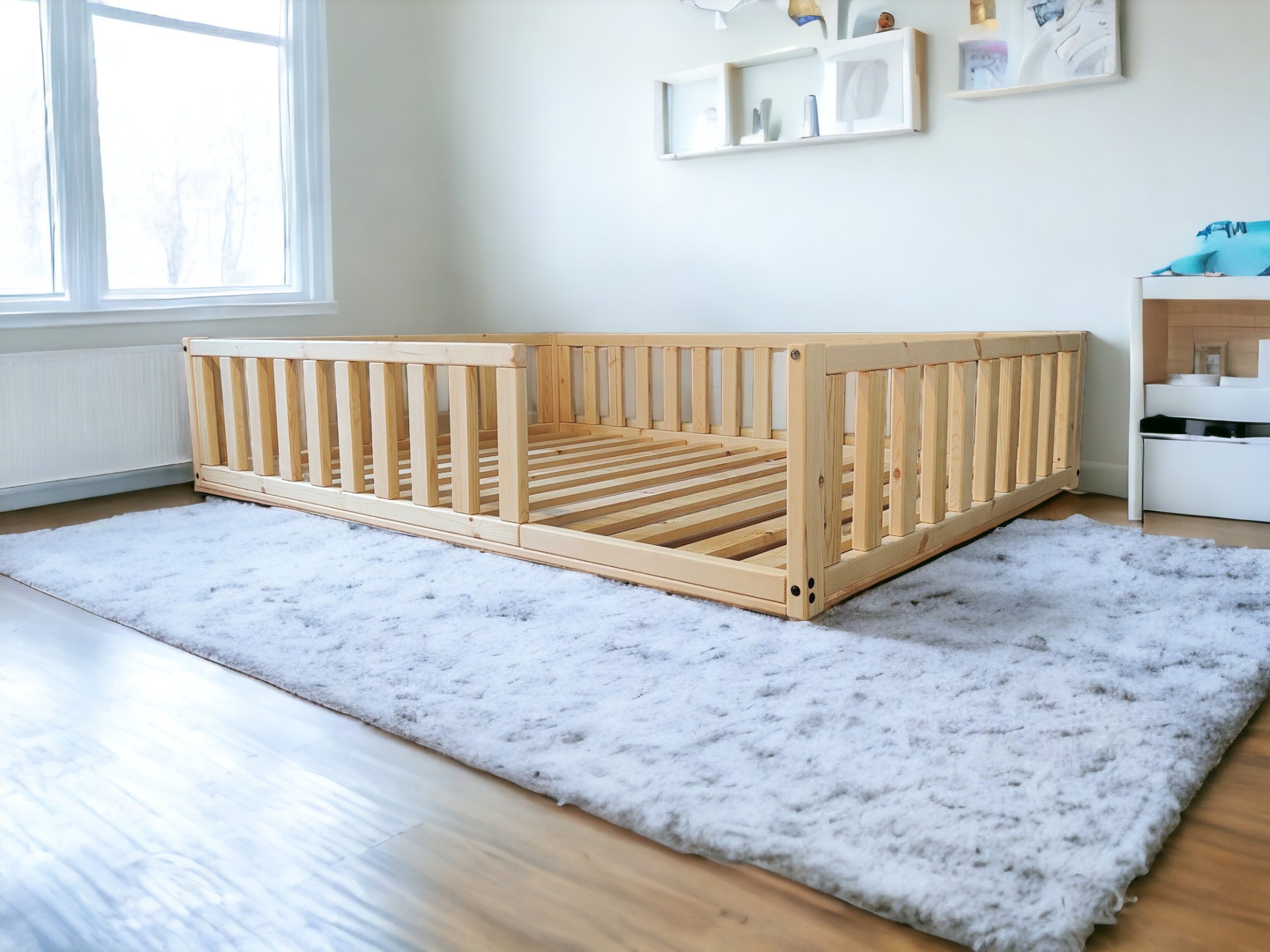 Toddler Floor Bed With Rails, Handmade Children's Bed Frame, Montessori