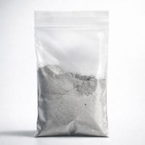 May include: A clear plastic zip-top bag filled with gray powder. The bag is sealed at the top and the powder fills the lower portion of the bag. The background is a plain white.