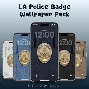 May include: Five smartphones showing wallpapers with an LA Police badge design. The wallpapers are in various colours and display the text "POLICE OFFICER LOS ANGELES POLICE". The time on each phone screen reads 12:00.