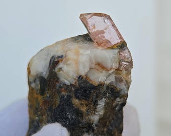Natural Imperial Topaz Crystal Specimen • Pinkish Orange Crystal on Matrix • Katlang Pakistan • Unheated