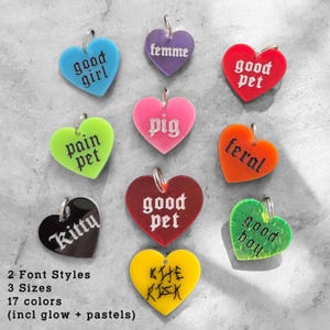 Personalized Heart Tag: Pet ID/Puppy/Play/Bag Accessory / Engraved Acrylic, Glow in Dark Options, Old English, 15 Colors