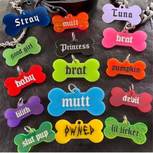 Personalized Bone-Shaped Puppy Play Collar Tag: Custom Engraved Acrylic Bone, 15 Colors, Old English