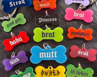 Personalized Puppy Play Collar Tag: Custom Engraved Acrylic Bone, 15 Colors, Old English