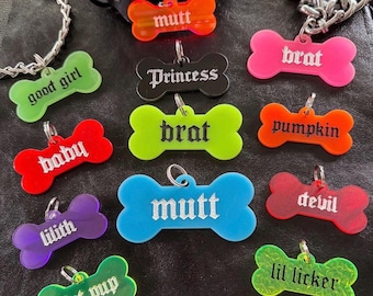 Etiqueta personalizada para collar de juego de cachorro: Hueso acrílico grabado personalizado