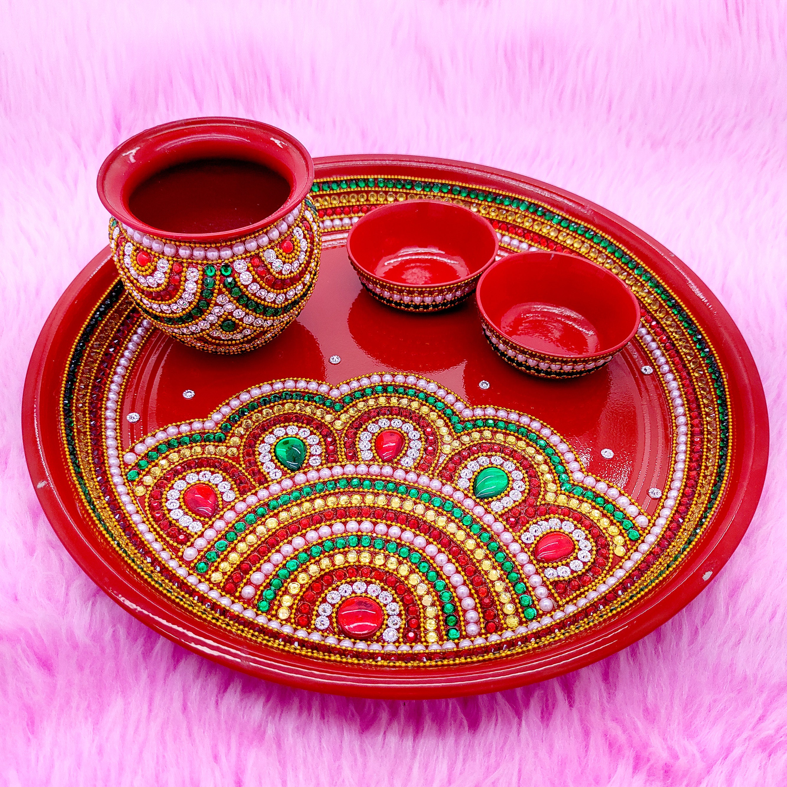 BENGALEN Brass Pooja Thali Set 8 Inch With Pital Plate Glash Spoon Diya