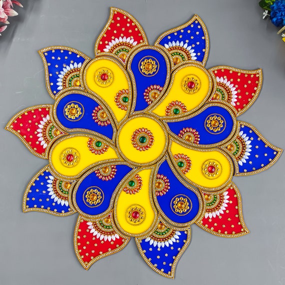 Flower Design Floor Rangoli Designer Reusable Large Rangoli Acrylic Rangoli Indian Traditional Home Decor Gift For Home Interior Floor Decoration Festival Diwali Decorations And Gifting Size:- 12