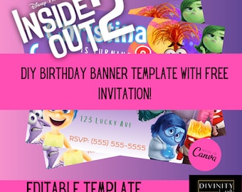 Baner i zaproszenie urodzinowe Inside Out 2: edytowalny szablon Canva (do pobrania w wersji cyfrowej)