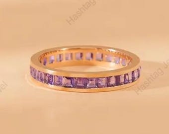 Princess Cut Lab Amethyst Sterling Silver Eternity Ring - Vintage Style